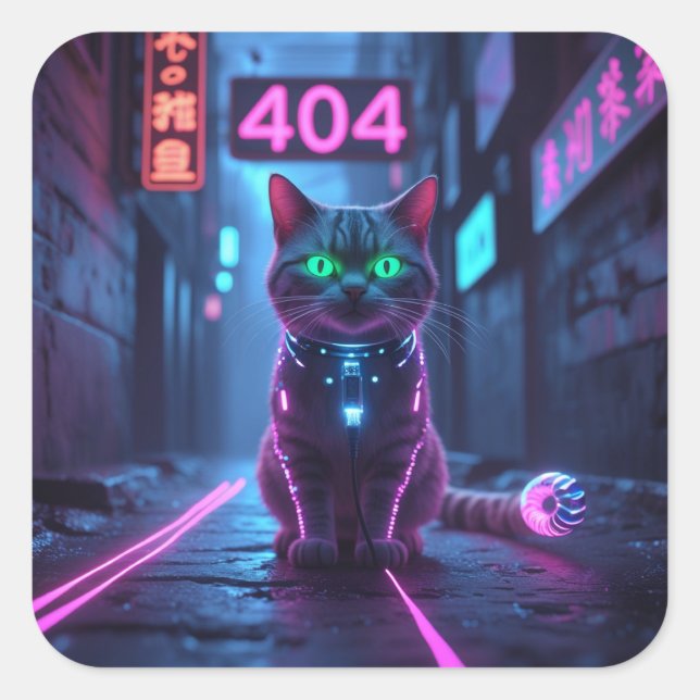 Pegatina Cuadrada Cyberpunk 404 Error Neon Cat Sticker (Anverso)