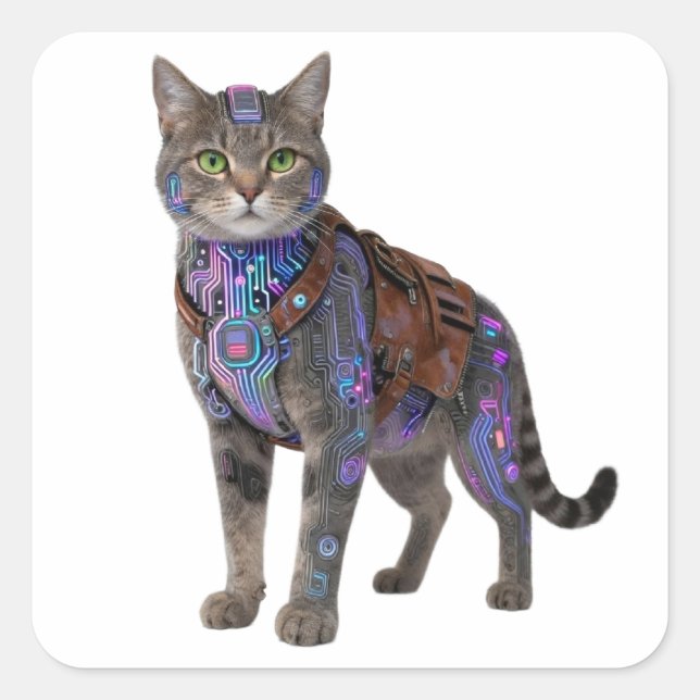 Pegatina Cuadrada Cyberpunk Circuit Cat – Neon Tech Beast (Anverso)