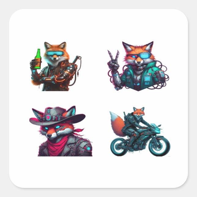 Pegatina Cuadrada Cyberpunk Fox Funny 4 Pack Pegatinas (Anverso)