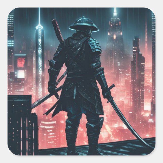 Pegatina Cuadrada Cyberpunk Samurai (Anverso)