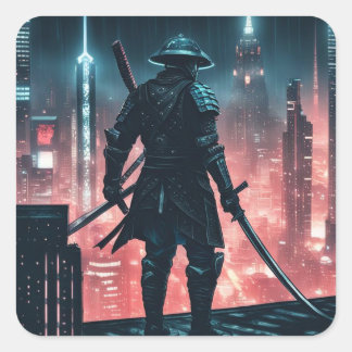 Pegatina Cuadrada Cyberpunk Samurai
