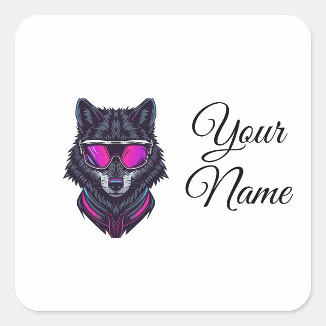 Pegatina Cuadrada Cyberpunk Wolf Neon Art Personalizable Name Mug -  (Anverso)