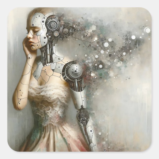 Pegatina Cuadrada Cyborg Woman Ai Art (Anverso)