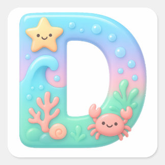 Pegatina Cuadrada "D" Cute Bubble Letter - Underwater Sea Creature A