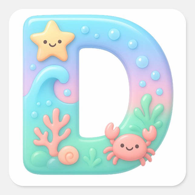 Pegatina Cuadrada "D" Cute Bubble Letter - Underwater Sea Creature A (Anverso)