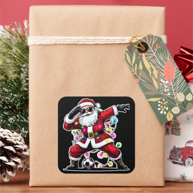 Pegatina Cuadrada Dabbing Santa Christmas Lights Soccer (Vacaciones)