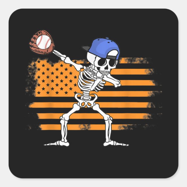 Pegatina Cuadrada Dabbing Skeleton Baseball Funny Halloween (Anverso)