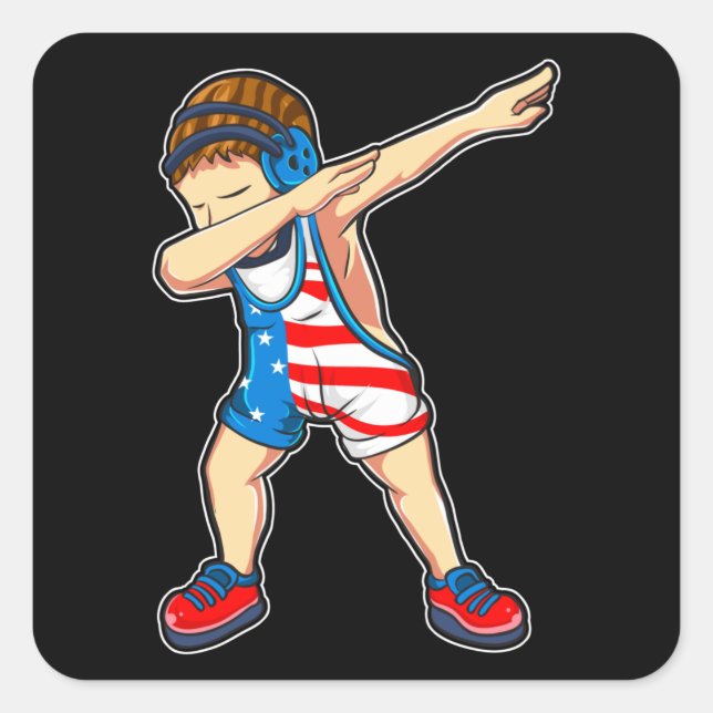 Pegatina Cuadrada Dabbing Wrestling Boy Wrestler Bandera de Estados  (Anverso)