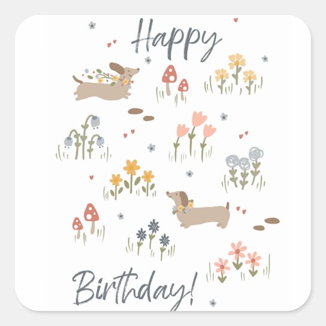 Pegatina Cuadrada Dachshund ama a un Fiesta de cumpleaños feliz (Anverso)