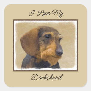 Pegatina Cuadrada Dachshund (Cabezal alambrada) Pintura original de 