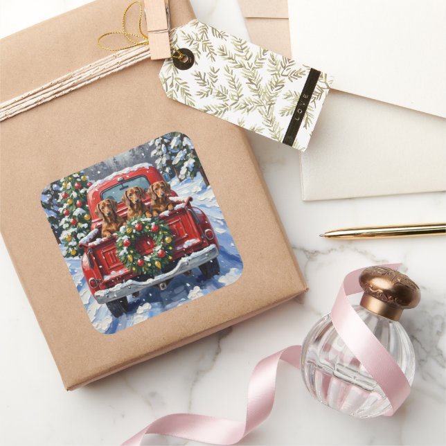 Pegatina Cuadrada Dachshund Christmas Red Truck Holiday (Regalar)