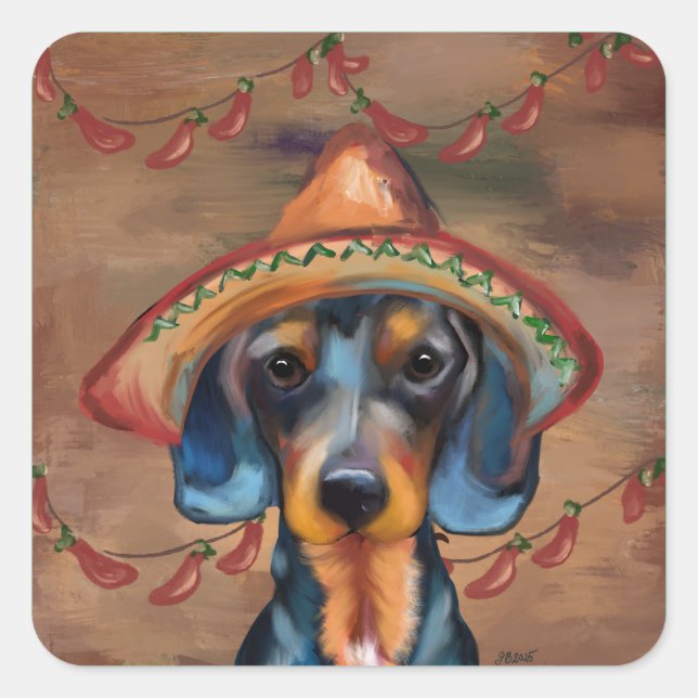 Pegatina Cuadrada Dachshund Cinco de Mayo (Anverso)