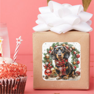 Pegatina Cuadrada Dachshund con bufanda de feriado por Wreath