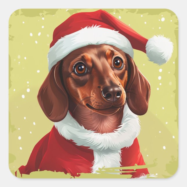 Pegatina Cuadrada Dachshund Con El Equipo De Santa Claus - Navidades (Anverso)