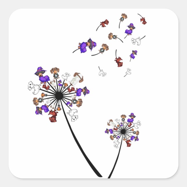 Pegatina Cuadrada Dachshund Dandelion Flor Halloween Ideas de disfra (Anverso)