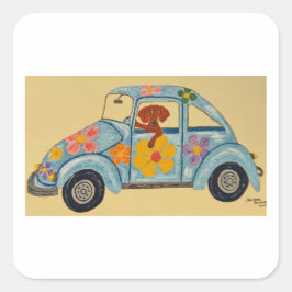 Pegatina Cuadrada Dachshund en coche hippie