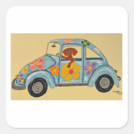 Pegatina Cuadrada Dachshund en coche hippie