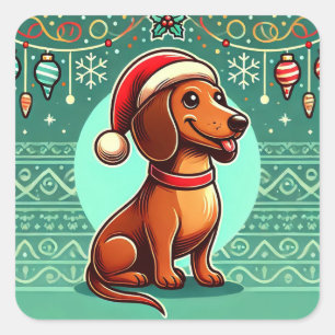 Pegatina Cuadrada Dachshund Festivo con Gorro de Papá Noel