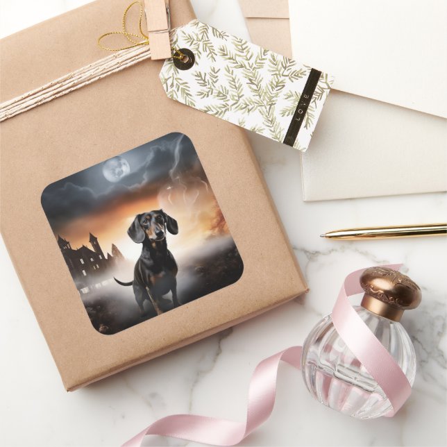 Pegatina Cuadrada Dachshund Halloween Scary (Regalar)