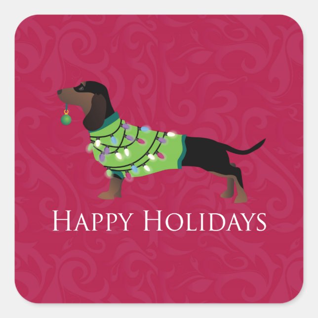 Pegatina Cuadrada Dachshund Happy Holidays Design (Anverso)