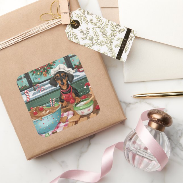 Pegatina Cuadrada Dachshund Holiday Baking: Navidades festivos (Regalar)