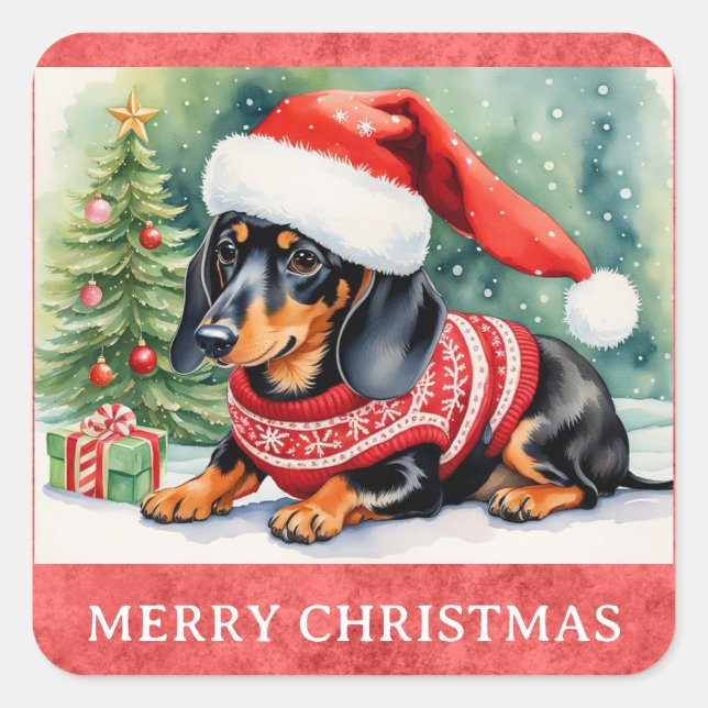 Pegatina Cuadrada Dachshund Merry Christmas Cute Perro Cachorro (Anverso)