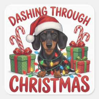 Pegatina Cuadrada Dachshund Navidad Luces Navideñas Ánimo Festivo