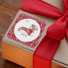Pegatina Cuadrada Dachshund Navidades Perro Acogedor suéter de punto