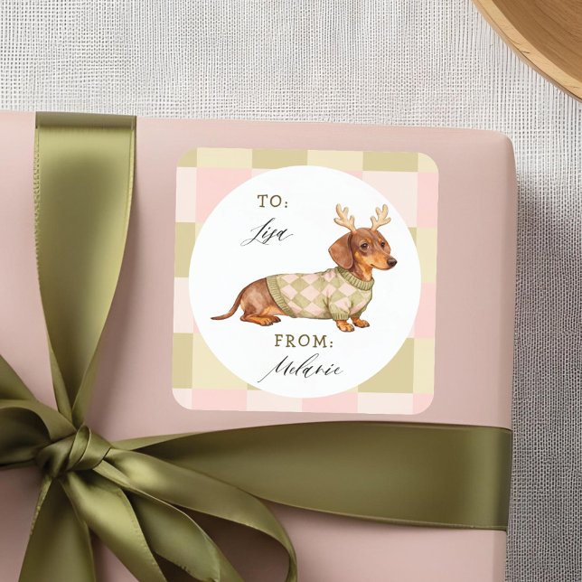 Pegatina Cuadrada Dachshund Navidades Perro suéter de punto a prueba (Dachshund Christmas Dog Checkered Knitted Sweater Square Sticker)