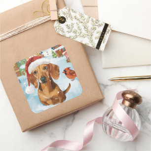 Pegatina Cuadrada Dachshund Pascua Invernal Alegría de Navidad