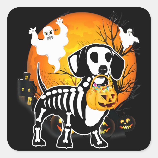 Pegatina Cuadrada Dachshund Skeleton Halloween Feliz regalo de calab (Anverso)