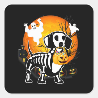Pegatina Cuadrada Dachshund Skeleton Halloween Feliz regalo de calab