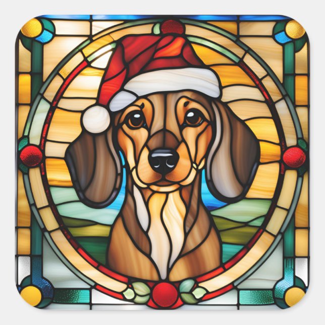 Pegatina Cuadrada Dachshund Stained Glass Christmas Sticker (Anverso)