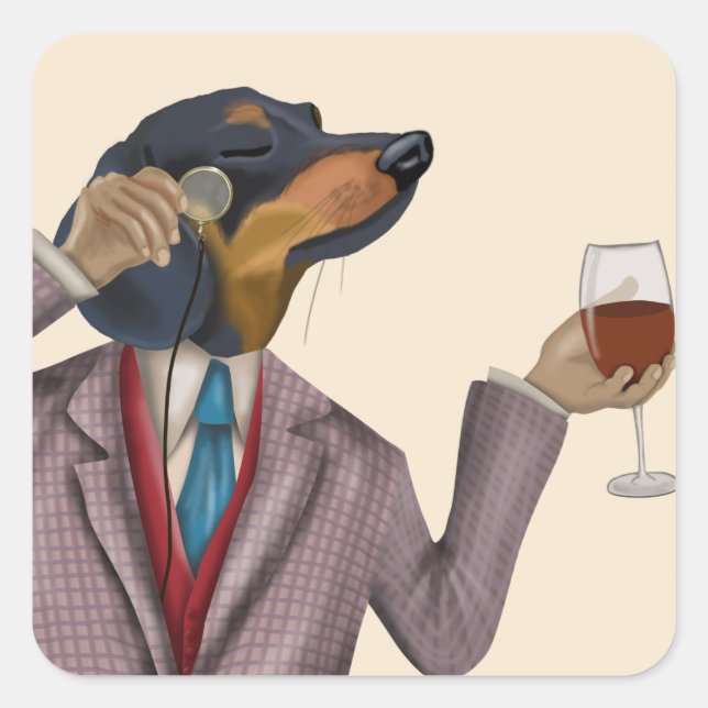 Pegatina Cuadrada Dachshund Wine Snob (Anverso)