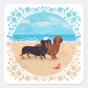 Pegatina Cuadrada Dachshunds en la Playa