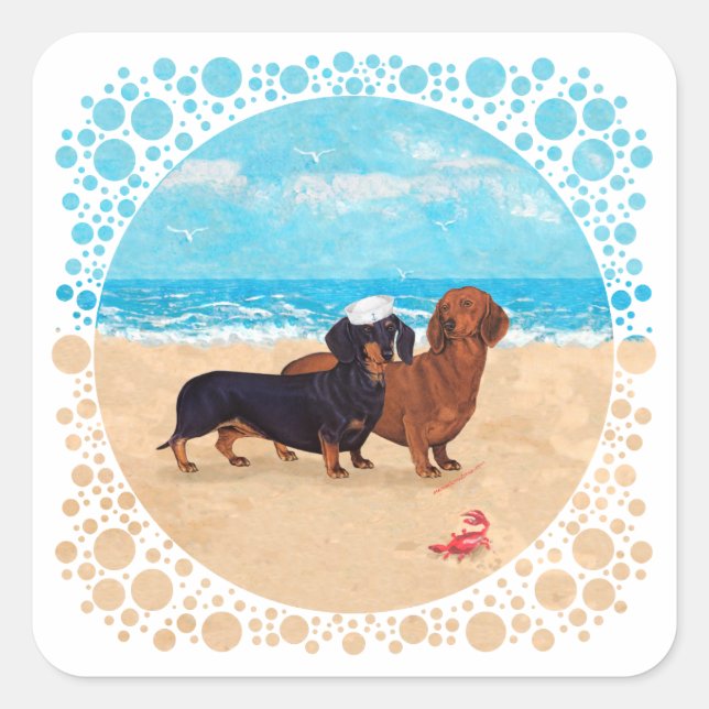 Pegatina Cuadrada Dachshunds en la playa (Anverso)
