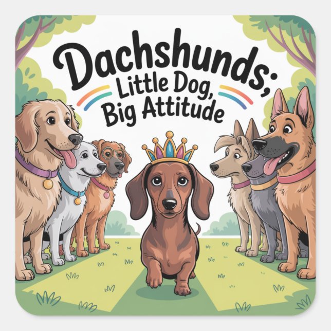 Pegatina Cuadrada Dachshunds Little Dog, Big Attitude (Anverso)