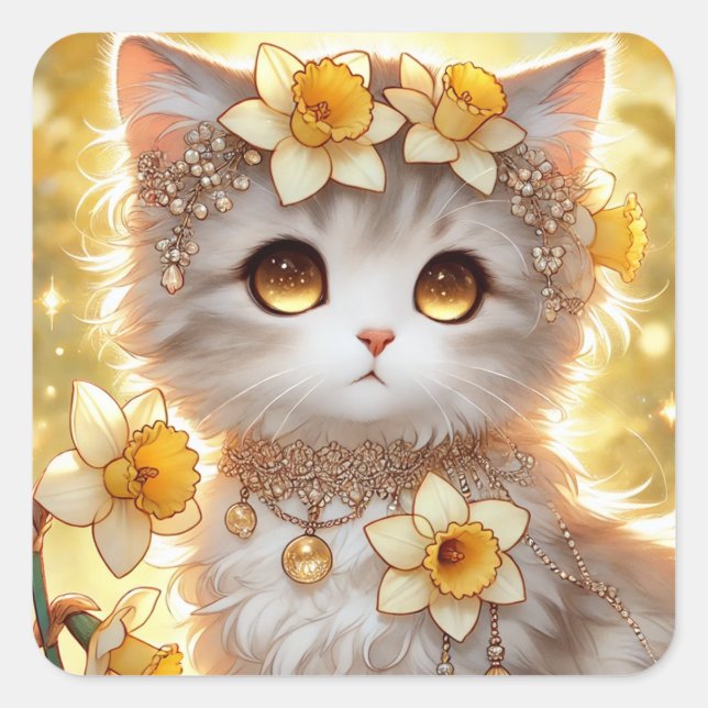 Pegatina Cuadrada Daffodil Princess Cat (Anverso)