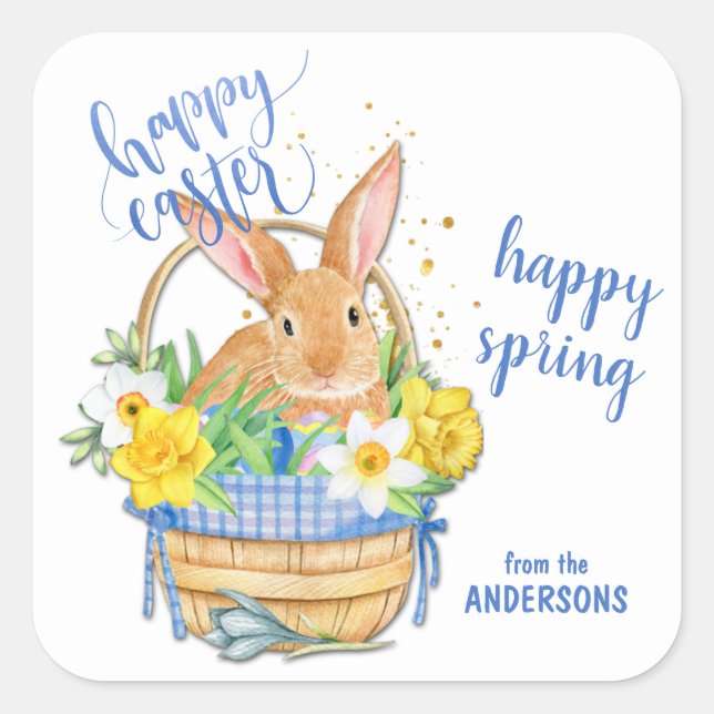 Pegatina Cuadrada Daffodil y Blue Gingham Easter Bunny Basket (Anverso)
