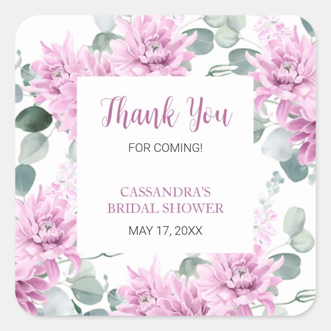 Pegatina Cuadrada Dahlia Morada Eucalipto Botanico Desayuno Nupcial  (Anverso)