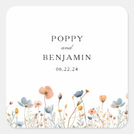 Pegatina Cuadrada Dainty Floral Wildflower Wreath Boda
