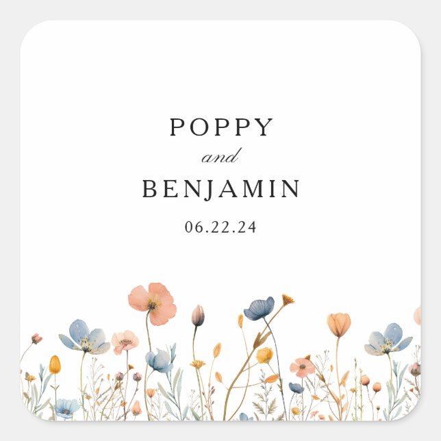 Pegatina Cuadrada Dainty Floral Wildflower Wreath Boda (Anverso)
