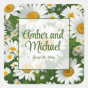 Pegatina Cuadrada Daisies blancos florales de primavera verde