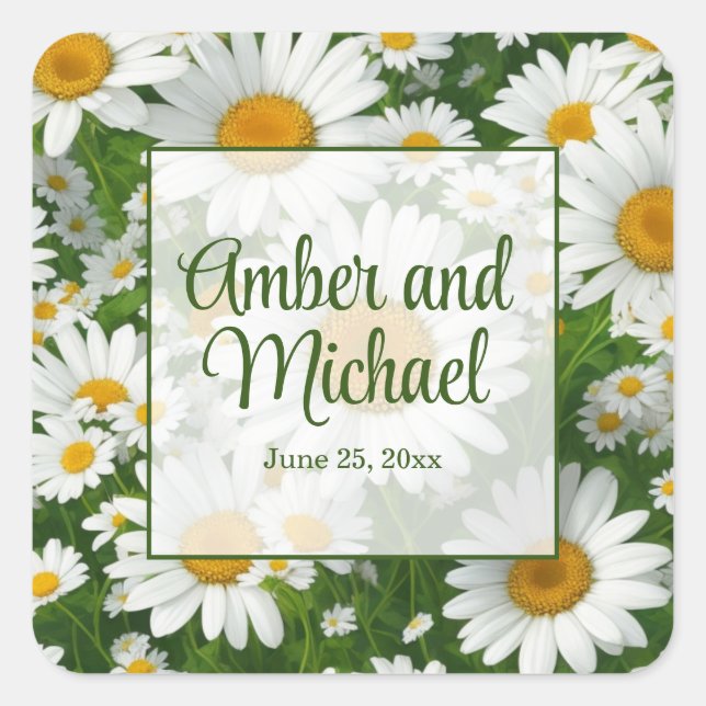 Pegatina Cuadrada Daisies blancos florales de primavera verde (Anverso)