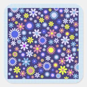 Pegatina Cuadrada Daisies de estilo pop pop vintage en Blue Gingham