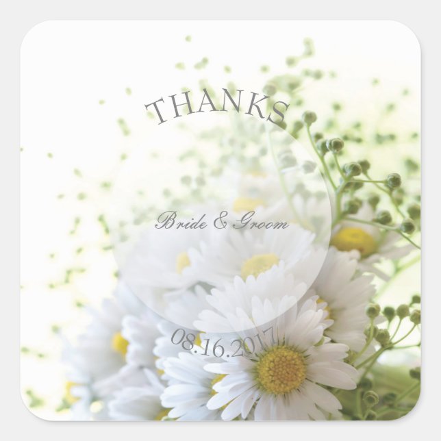 Pegatina Cuadrada Daisies en amor - Editable Boda Bouquet (Anverso)