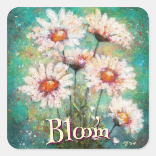 Pegatina Cuadrada Daisies Floral Impresionista Teal Personalizado
