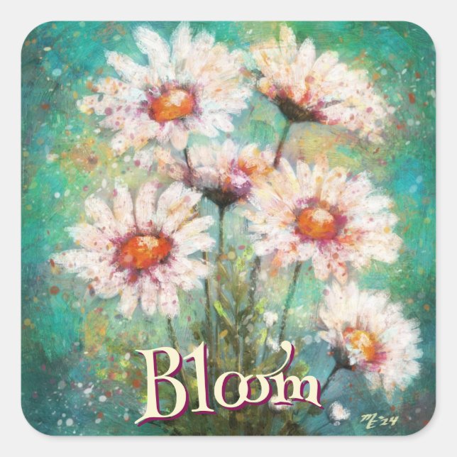 Pegatina Cuadrada Daisies Impressionistic Floral Teal Personalized (Anverso)