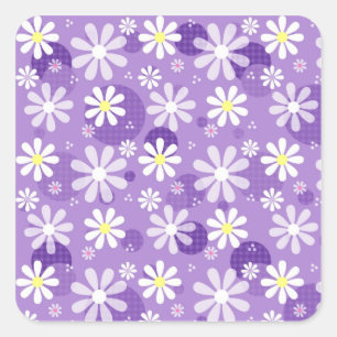 Pegatina Cuadrada Daisies morados y puntos de Gingham Polka