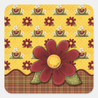 Pegatina Cuadrada Daisies rojos y sandías